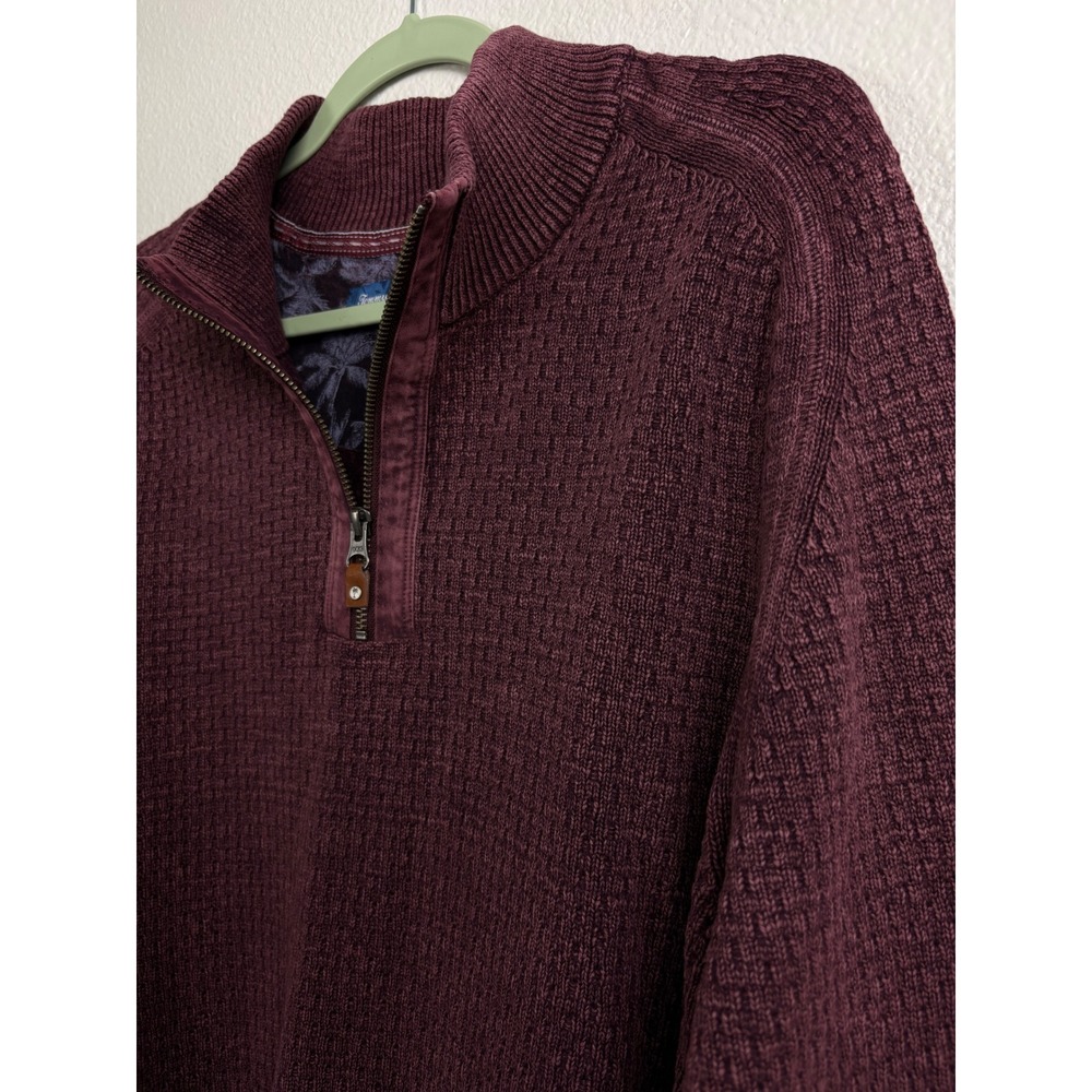 Tommy Bahama Mens XXL Burgundy Waffle Knit Quarter Zip Sweater Elbow Patches - Picture 3 of 10